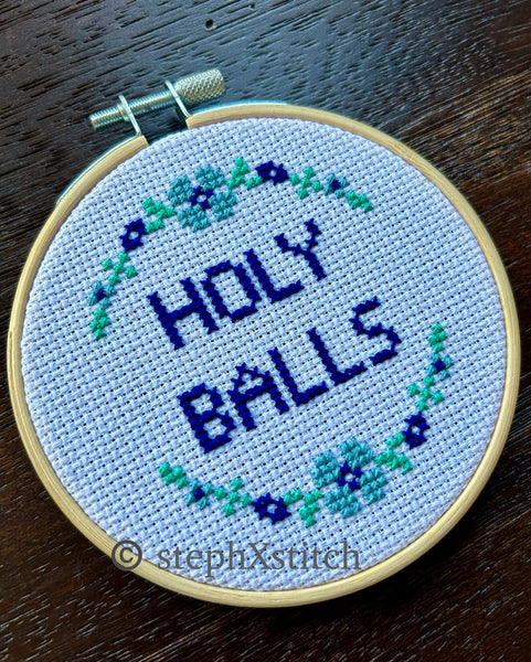 Holy Balls - Cross Stitch Hoop Art