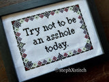Try Not To Be An Asshole Today - Framed Cross-Stitch