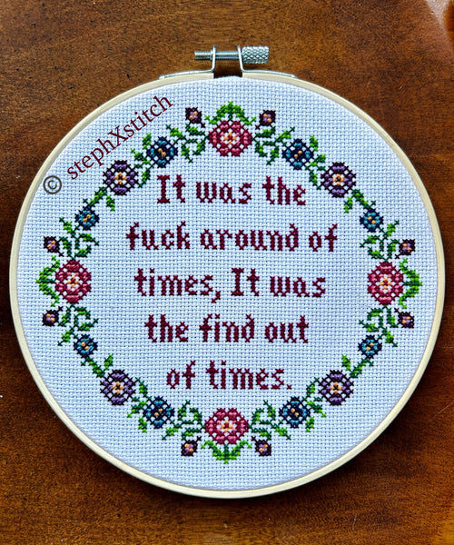 It was the fuck around of times, it was the find out of times Framed Cross-Stitch Hoop