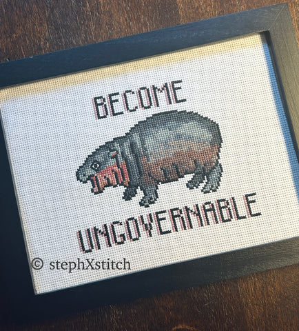 Moo Deng Become Ungovernable -Framed Cross-Stitch Art