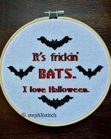 It's Frickin' Bats. I Love Halloween - Framed Cross-Stitch